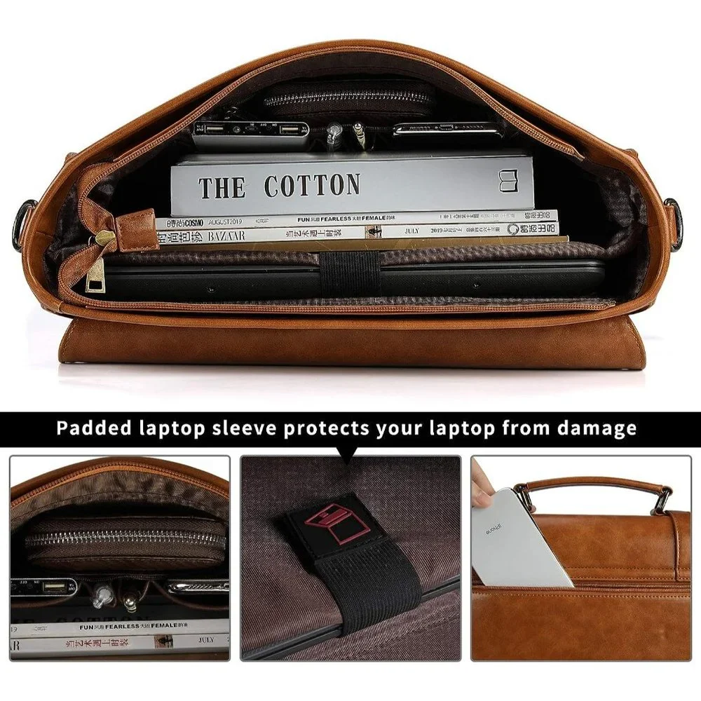 Men's Brown Leather Waterproof Messenger bag 15.6 Inch